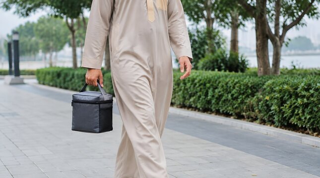 Arabian man in traditional thobe walking outdoors while carrying a small insulated cooler bag.