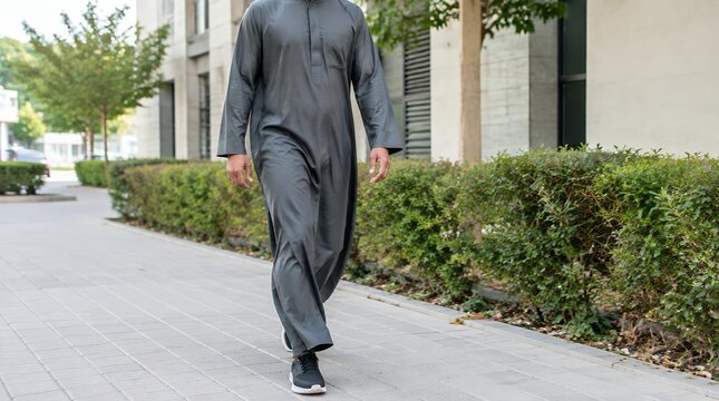 Man in a traditional grey thobe walks along an outdoor concrete pathway near green bushes.