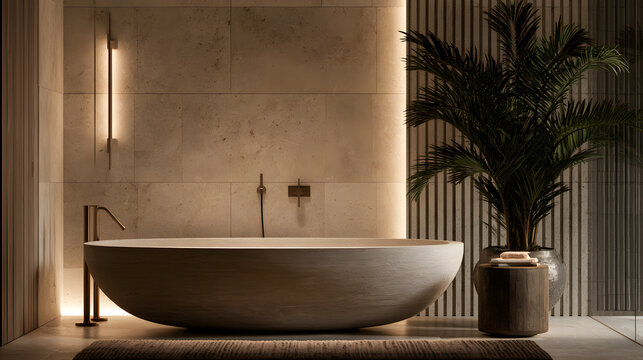 Luxury modern bathroom interior with a freestanding stone soaking tub, travertine tile walls, brushed brass fixtures, potted tropical plant, soft atmospheric lighting, residential spa design