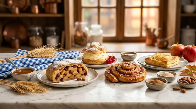 Assorted baked pastries and desserts displayed on rustic wooden table in cozy caf&eacute; setting with copy space