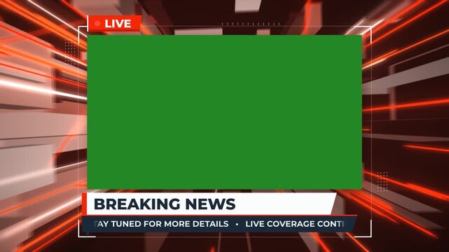 Breaking News Broadcast Template With Green Screen Frame, Live Label and Scrolling News Ticker on Red Speed Light Tunnel Background. TV News Lower Third Graphics