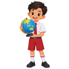 Fototapeta premium Cute flat illustration of schoolboy holding a globe