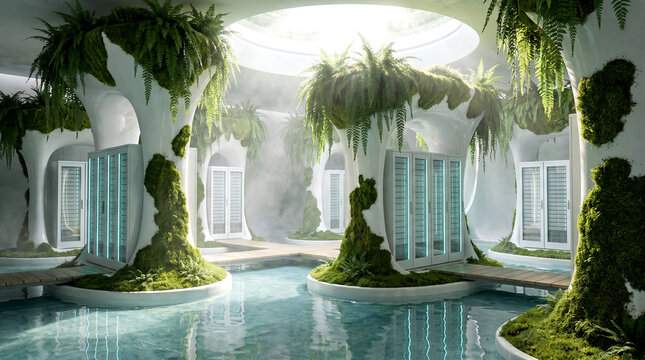 Futuristic underground temple with glowing light pillars and lush greenery
