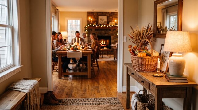 Thanksgiving dinner photo in cozy family home dining room with autumn table setting and warm lighting