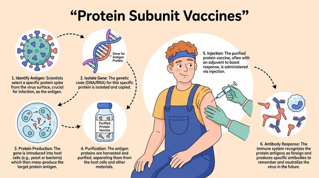 Protein Subunit Vaccine Mechanism Infographic Showing Antigen Production, Injection and Antibody Response