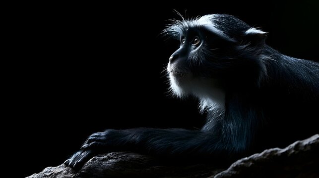A black and white monkey rests on a rock  gazing thoughtfully into the distance under dramatic lighting