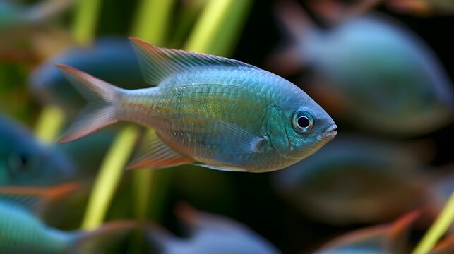 A vibrant blue fish with orange fins swims gracefully among green aquatic plants in clear water