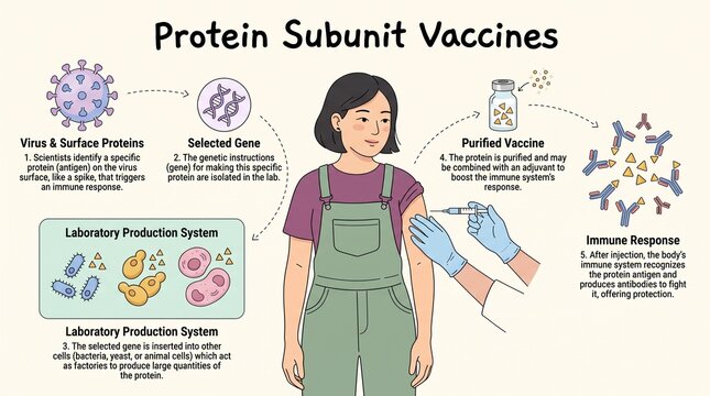 Protein Subunit Vaccine Development and Immune Response Medical Infographic with Vaccination Process