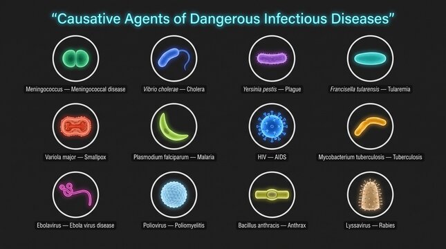 Infectious Disease Pathogen Infographic Featuring Meningococcus and Major Causative Agents