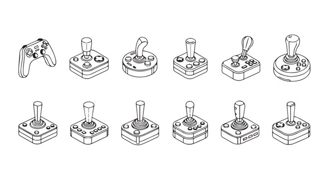 Vintage and modern game controllers arranged in a grid with a gamepad on the left against a white background