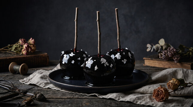 Glazed candy apples coated in glossy jet-black caramel with edible silver leaf flakes, dark moody food