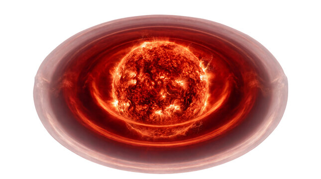 Glowing red sun inside a glass sphere, fiery solar core with plasma energy, abstract burning star orb on white background