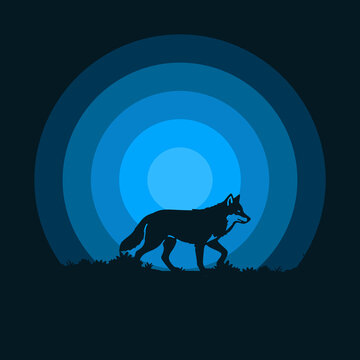 Aesthetic minimalist vector illustration of a fox silhouette walking outdoors in blue color background, perfect for wild nature concept design.
