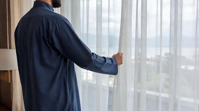 Man in a traditional blue robe opening the sheer white curtains of a luxury room.