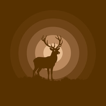 Aesthetic minimalist vector illustration of a deer silhouette walking outdoors in brown color background, perfect for wild nature concept design.

