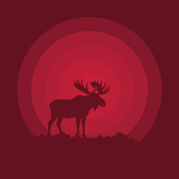 Aesthetic minimalist vector illustration of a moose silhouette walking outdoors in red color background, perfect for wild nature concept design.
