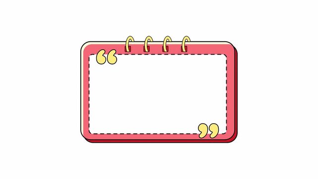 Animated cute cartoon red spiral notebook with yellow quotation marks and a blank doodle memo pad for quotes and text on transparent background