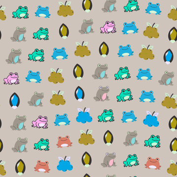 Cartoon frogs and abstract shapes seamless pattern