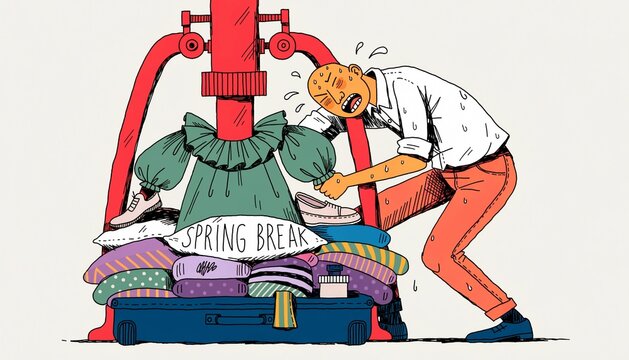 An exaggerated illustration of a person trying to fit just one more item into an overfilled suitcase, using a full hydraulic press while sweating profusely.