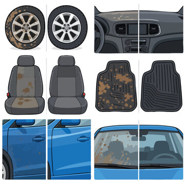 Professional Car Wash and Auto Detailing Before and After Illustration Set