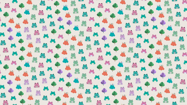 Seamless pattern of cartoon frogs and stylized trees