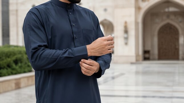 Man wearing a traditional dark blue thobe adjusting his sleeve outdoors near a mosque.