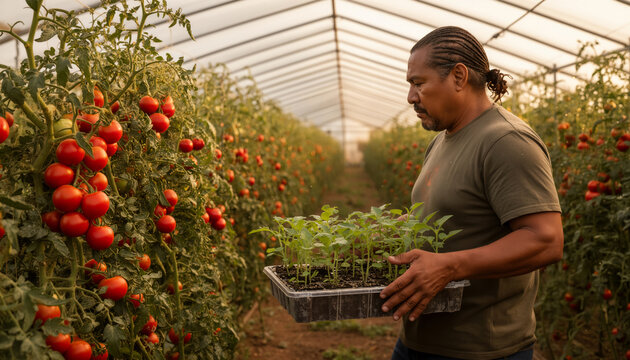 Organic farmer carrying green seedling tray through vegetable greenhouse near ripe red tomatoes during harvest season with medium shot soft light and copy space