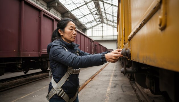 Railway maintenance technician inspecting train wagon coupling in safety harness inside depot with side angle view bright indoor lighting and clear copy space