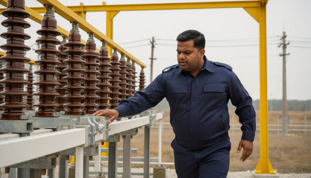 Utility electrical engineer inspecting ceramic insulator stack at power substation during maintenance check with medium eye level shot soft outdoor light and copy space