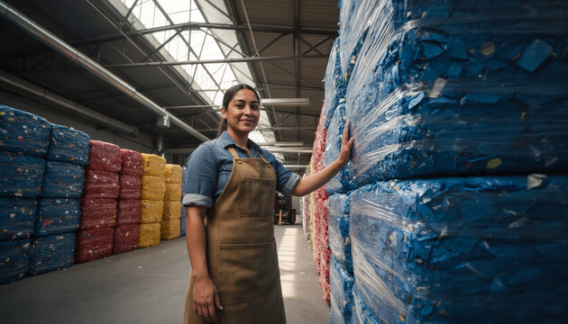 Recycling facility worker standing near compressed plastic waste bales during sorting operation in eco factory under soft daylight with wide angle copy space