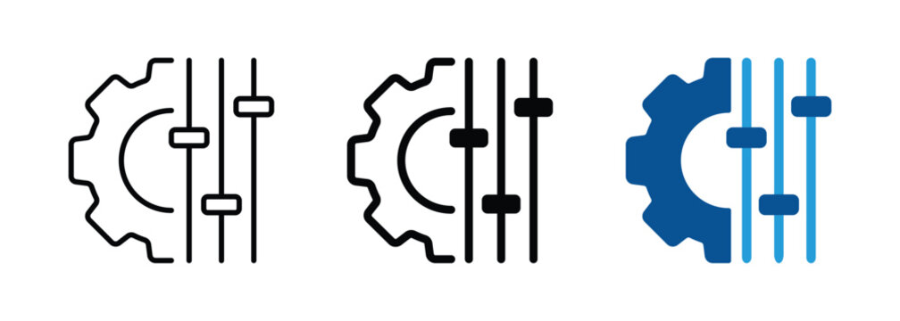 Adjustment icon with gear and slider. Customize, configuration, setting, option and control symbols. Transparent vector and PNG