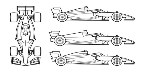 Obraz premium Technical drawing of a formula one race car showing side and top views for engineering design
