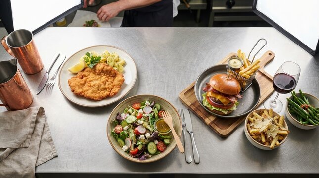 Gourmet Restaurant Dishes Arranged on Stainless Steel Pass.