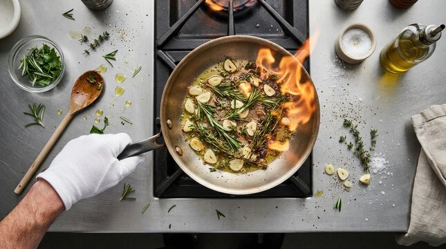 Chef Searing Aromatics with Flamb&eacute; in Professional Kitchen.