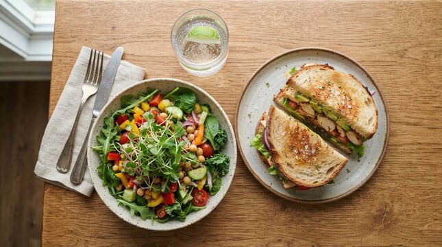 Healthy Chicken Sandwich and Fresh Garden Salad Lunch.