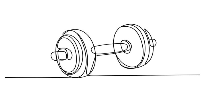 Continuous single line drawing of a heavy gym dumbbell for weight lifting exercise and fitness training workout equipment in a simple minimalist art style
