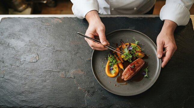 Chef Plating Gourmet Dish with Tweezers.