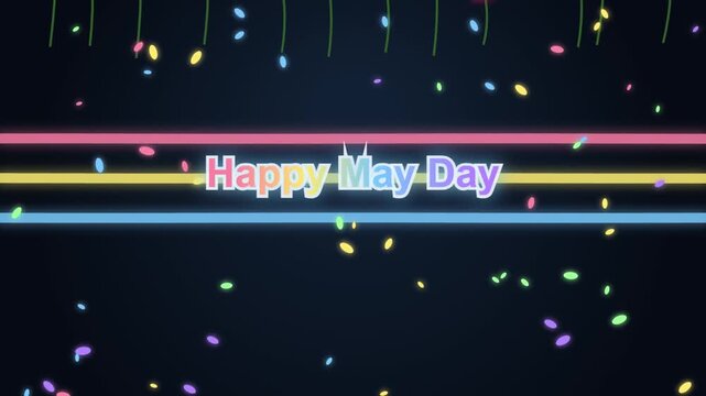 Happy may day celebration motion background with colorful neon, waves and confetti