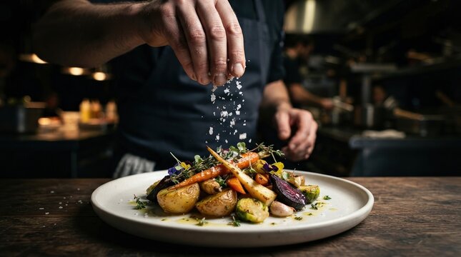 Chef Sprinkling Sea Salt on Gourmet Vegetable Dish.