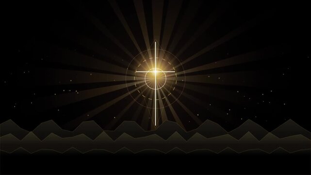 Radiant golden cross with sunburst rays and mountain silhouette background