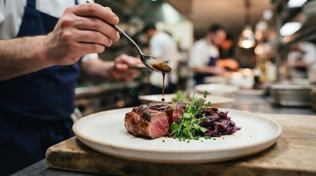 Chef Plating Gourmet Wagyu Steak with Sauce.