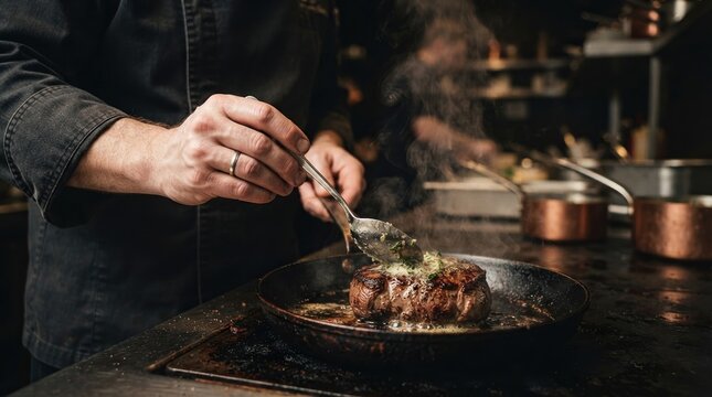 Professional Chef Tasting Gourmet Beef Fillet in Restaurant Kitchen.