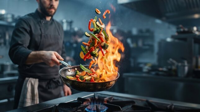 Professional chef tossing vegetables in flaming pan.