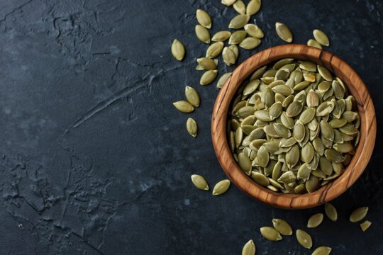 Top view of a wooden bowl filled with raw pumpkin seeds on a dark textured background