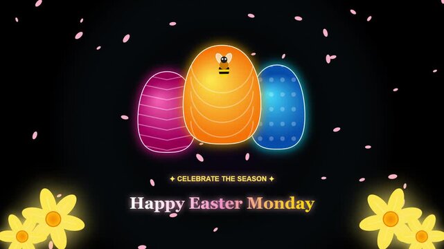 Happy easter Monday greeting animation with glowing eggs and flying bee