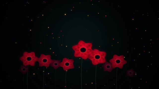 Animated red floral motion background with floating golden particles