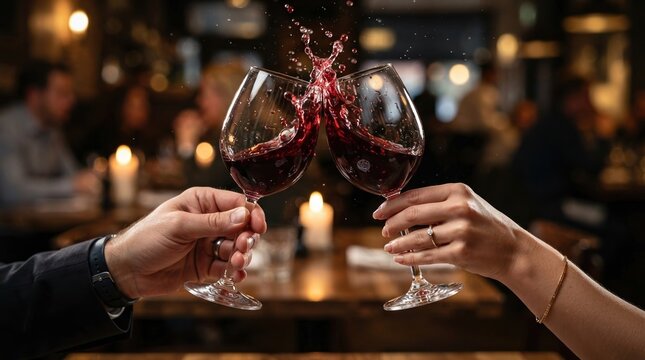 Couple toasting with red wine glasses in a restaurant.