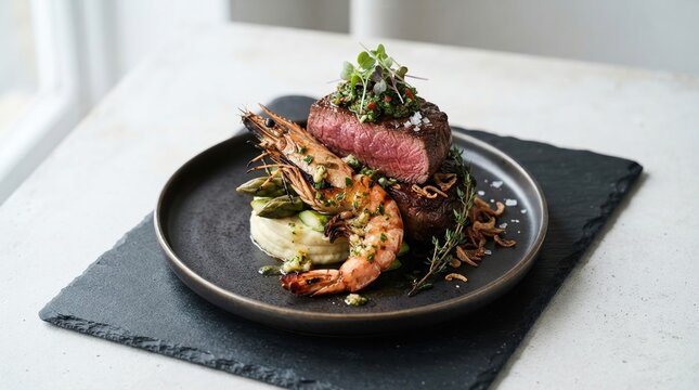 Gourmet Surf and Turf Steak and Prawn Dish.