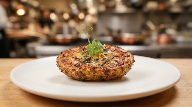 Roasted Potato Slice on White Plate in Professional Kitchen.