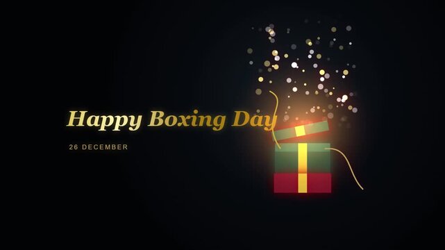 Happy boxing day greeting animation with glowing gift box and confetti